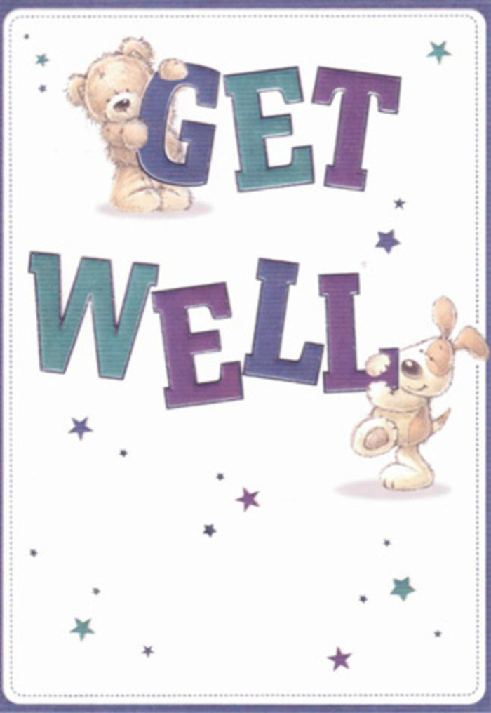 Like a gentle spring morning in Virginia Water, this beautifully illustrated get well card brings together soothing colours and joyful spirit. Centered in the design, two lovable friends-a velvety brown bear and a sweet floppy-eared pup-share the task of sending comfort and encouragement. The bear's plush paws rest gently over the arch of the word 'GET,' while the puppy, dappled in soft beige and cream, playfully supports the big bold 'WELL.' The cheerful, hand-lettered typography dances in hues of deep teal and purple, their tones reminiscent of the vibrant flowerbeds seen near the village green. Floating across the pristine white card, an array of whimsical stars glimmer in shades of blue and indigo, their luminescence calling to mind the promise of a fresh start after rain. The attention to detail evokes the texture of fur and softness of touch, providing a tactile sense much like expertly arranged blooms at Flowers Virginia Water. There is a profound sincerity and innocence in the scene, the kind of uplift one experiences upon receiving a thoughtfully crafted bouquet at their doorstep along Christchurch Road or Abbey Road-a gentle reminder that healing is nurtured with shared care and patient hope.